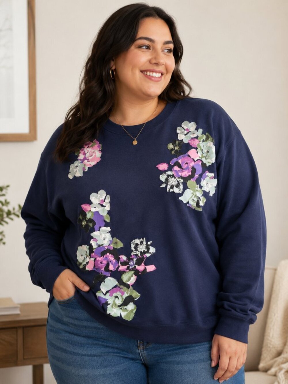 Roaman’s Women’s Floral Crewneck Sweatshirt Blue Size 2X